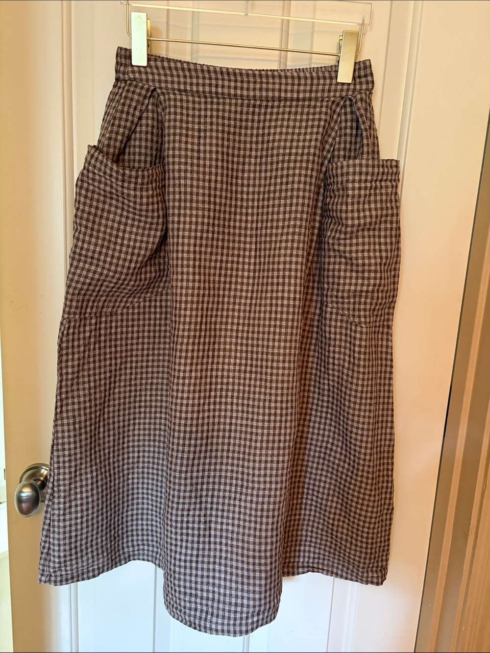 Checked Brown A-Line Skirt with Side Pockets